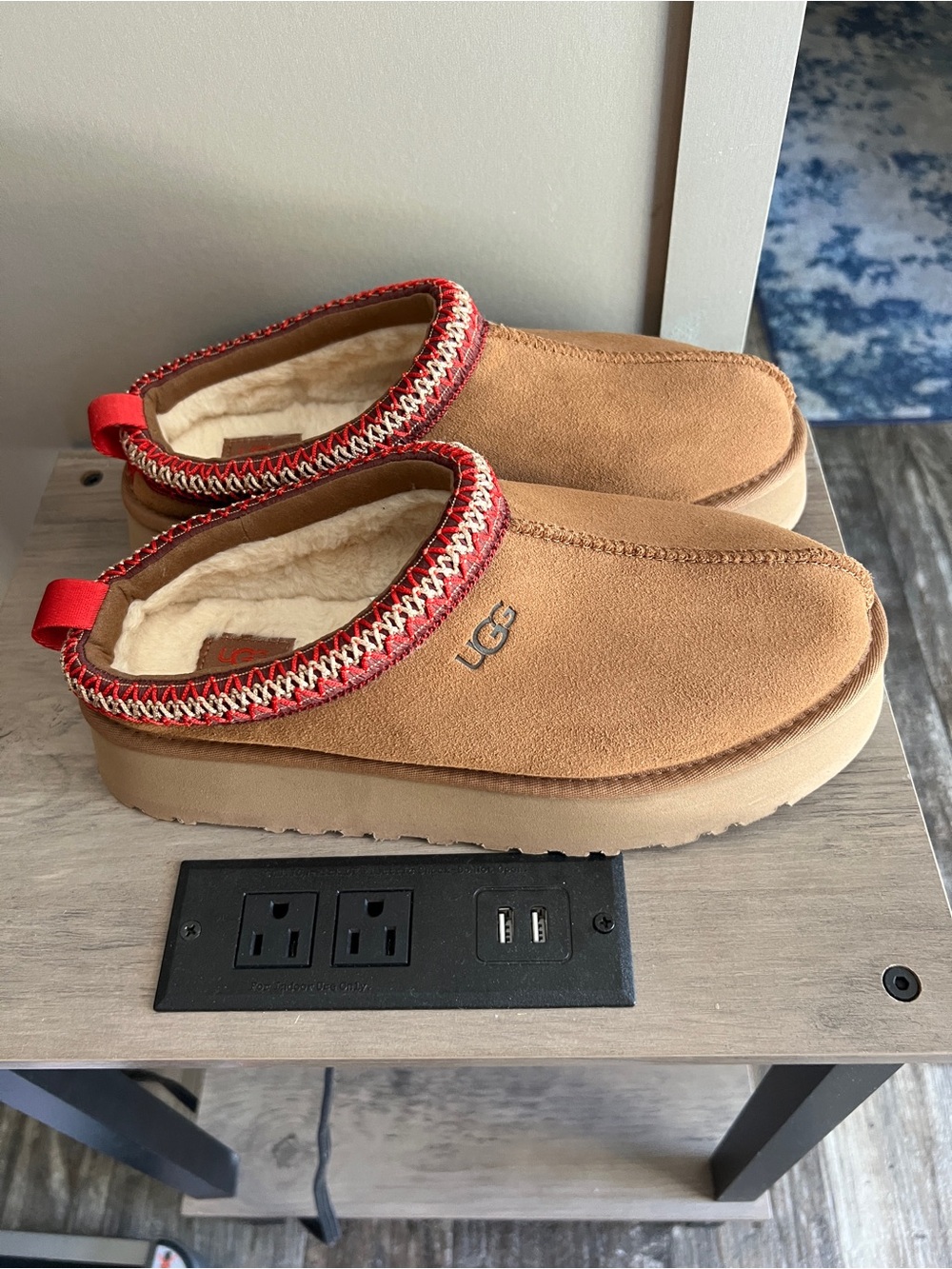 UGG Kids Slip-On Moccasin Slippers in Chestnut with Red Trim